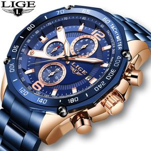 Armbandsur 2021 Titta på män Lige Fashion Blue All Steel Mens Watches Top Military Big Dial For Waterproof Quartz Clock 267Z
