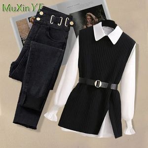 Vårens koreanska elegant i matchande set Womens Fashion Sticked Vestshirtjeans Three Piece Female Denim Pants Suit 240516