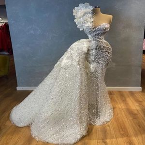 Luxury One Shoulder Mermaid Wedding Dress With Detachable Train Sequined Beaded Bridal Gowns Flower Appliqued Robe de mariee 291V