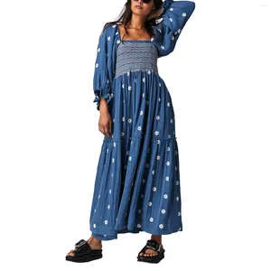 Casual Dresses Beach Style Bohemian Floral Dress Women Square Neck Ruffle Swing A Line Maxi Long Sleeve Holiday Lady Club Party