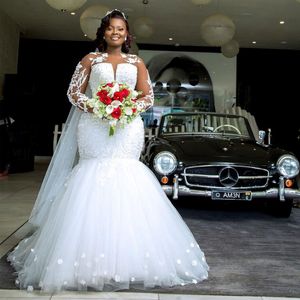 2021 Luksusowe afrykańskie sukienki ślubne syreny długie rękawy koronki perełki Kwiaty kwiaty 3D Floral Bridal Suknie v de novia 282J