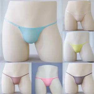 Underpants Sexy Men's Pink T-Back G-strings Ice Silk Thongs Bikini Hombre Lingerie Male Elastic Underwear Sheer Beachwear Pouch Thong