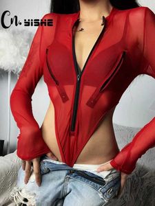 حللا للسيدات rompers cnyishe sexy club bodysuits tops strtwear red mesh high bodysuit romper body base swimsuit y240515