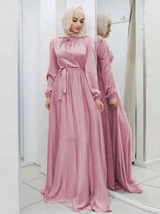 Ethnic Clothing Elegant Satin Maxi Dress for Women Muslim Abaya Lace-up Long Slve Ramadan Long Dress Robe Arab Ankle-Length Vestidos 2023 T240515