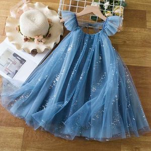 Sommarblå paljettprinsessklänning 3-8 år söt födelsedagsfest rufsar mesh barnklänningar för flickor semester casual kläder l2405