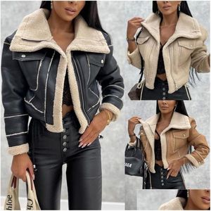 Womens Jackets Fashion Women Faux Leather Jacket Cropped Tops Fleece Winter Warm Long Sleeve Coat Lapel Zip Up Outwear With Pockets Dhaur