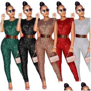 Womens Tracksuits Sexy Sleeveless Sequin Club Jumpsuit No Belt Women Bodycon Rompers Night Party Clubwear Long Skinny Pants One Drop Dh8Dn