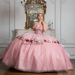 Sparkle Pink Quinceanera платья Charro Dewetheart Ball Gown Flowers vestio de 15 XV Anos Sixten Masquerad