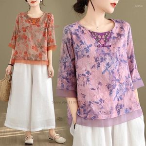 Etnik Giyim 2024 Geleneksel Çin Vintage Bluz Ulusal Çiçek Baskı Nakış Pamuk Keten Doğu Hanfu Üstler Halk Gömlek