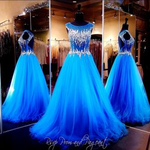 2016 Hot Bling Sexiga aftonklänningar bär illusion Crystal Major Beading Royal Blue Long Hollow Open Back Formal Vestidos Prom Party Gow 2218