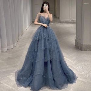 Partykleider Luxusblau A-Linie funkelnder kristall langer Abend für Frauen Spaghetti-Gurte Dubai Hochzeit Geburtstag formelle Abschlussballkleid