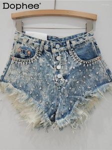 Shorts femininos grandes partículas stromestone com miçangas jeans borda mulheres 2024 Primavera e verão Calças angustiadas no estilo garotas