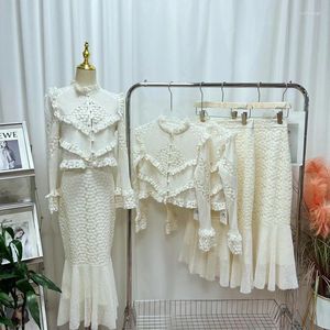 Work Dresses Women Lace 2 Pieces Set Autumn Luxury Hollow Out Ruffle Cropped Blouse Shirt Top High Waisted Mermaid Skirt Party Matching Suit