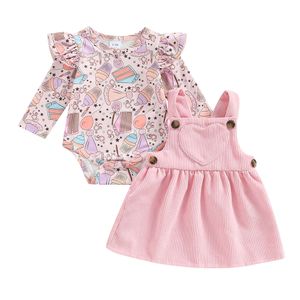 Infant Newborn Baby Girls 2Pcs Set, Long Sleeve Rabbit Flower Print Romper + Heart Patchwork Suspender Dress L2405
