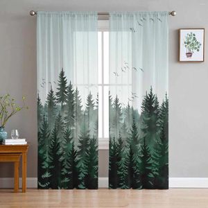 Curtain Watercolor Forest Bird Dark Green Sheer Curtains For Living Room Decoration Window Kitchen Tulle Voile Organza