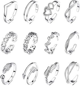 12pcs anéis ajustáveis ​​do dedo do pé para mulheres bandeira de flores de aço inoxidável anel de cauda aberta Mulheres no verão de jóias de pé de praia 240426
