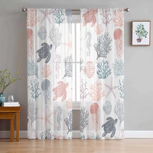 Window Treatments# Marine Coral In Summer Curtains Living Room Sheer Tulle Valances Kitchen Voile Curtain Bedroom Drape Y240517