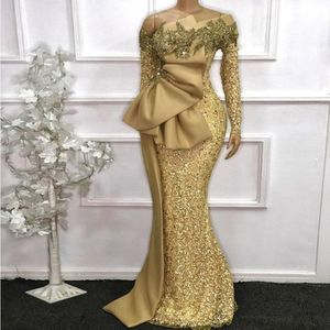 African Long Sleeves Lace Mermaid Evening Dresses Sequins Sparkly Off the Shoulder Beaded Prom Party Gowns Robe De Soiree 225A