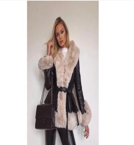 Women039s Fur Faux Women Winter PU Leanther Fux Long Jacket Vneck Tie Belt Waist Laceup Cardigan Sleeve Casual Warm Splicin1964548