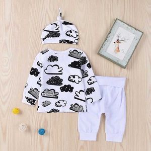 Clothing Sets Newborn Baby Clothes 0-18M Toddler Baby Boy Girl 3PCS Clothes Set Cloud Print Long Sleeve Top + Pant with Hat Spring Outfit Y240515