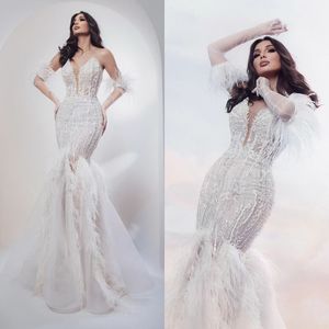 Shiny Sequined Feather Mermaid Wedding Dresses Strapless golvlängd Bröllopsklänning Elegant spets brud Vestidos Custom Made Made
