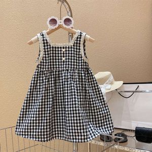 Summer Girls Dress spets-trimmade söta svartvita rutiga prinsessa ärmlös västkjol för 1-7 år L2405