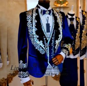 Luksusowe metaliczne z koraliki aksamitne garnitury ślubne dla mężczyzn 3 sztuki Zestawy Tuxedos Męskie Blazery Promowe Terno Masculinos Completo 240514