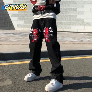 Mens Jeans Devil Printed High Street Vintage Y2K Clothes Black Baggy Jeans Straight Trousers Streetwear Wide Leg Pants Men 240429