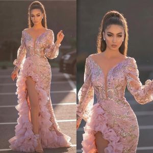 2020 Aso Ebi Mermaid Prom Dresses Long Sleeves Side Split Ruffles Pink lace sequins Evening Gowns V Neck vestido de novia 180L