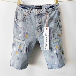 Street trend mens fur edge splashing ink paint mens shorts with slim fit and hole patch denim shorts
