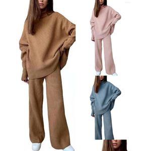 Womens Two Piece Pants Vintage Women Turtleneck Knitted Set Autumn Winter Long Sleeve Plover Top Wide Leg Outfits Ladies Solid Suit Dhgjp