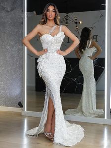 Party Dresses Sparkly Luxury Women Sexy One Shoulder Mesh Sequins Split White Long Dress Night Celebrity Wedding Prom Gown Pograph Wear