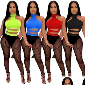 Damen Tracksuits sexy zweiteilige Set Frauen Kleidungsstücke Rave Festival Party Club Outfits für Neckholder Crop Tops und Mesh Sheer Leggin Dhwta