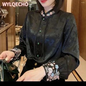 Ethnic Clothing Long Sleeve Shirts Women Chinese Vintage Embroidery Stand-up Collar Black Baggy Tops Graceful Casual Female