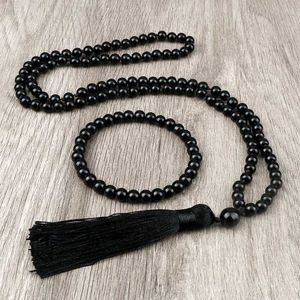 Bröllop smycken set matt glansigt svart agat 108 japamala pärla halsband för mens handgjorda knut rose set yoga meditation armband