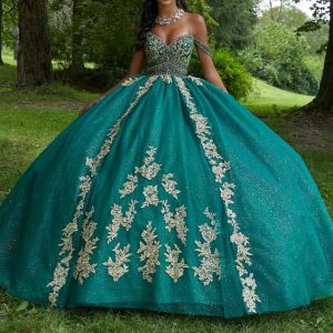 Платья зеленые блестящие vneck ball gown quinceanera платья без рукавов золотые аппликации кружев большие босины корсет vestidos de 15 anos