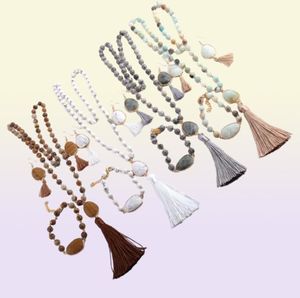 Modesmycken Set Natural Stone Rosary Chain Stone Link Tassel Necklace Armband Earring Set Y2006022192440