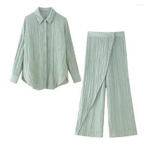 Kvinnors byxor mynta gröna veckade skjortor wrap uppsättningar för kvinna lös en breasted lapel skjorta bred ben kostym 2024 pyjamas