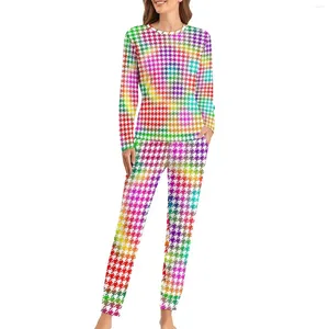 Kvinnors sömnkläder Houndstooth Pyjamas Autumn Colorful Print Room Overdimensionerade nattkläder Kvinnor Långärmad tryckt modehemdräkt