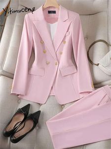 Elegante Blazer Women Office Wear 2 -Stück -Sets doppelte Baceed Long Slim Slim Blazer Straight Pant Suits