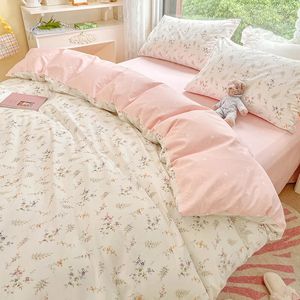 Ins Pink Floral Pedding Set dla dziewcząt chłopców podwójny rozmiar płaski arkusz kołdra i poduszka miękkie łóżko Linen Home Tekstyle 240517