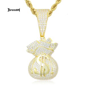 Street Hip Hop Diamond Zirconia Moissan Dollar Money Bag Gold Coin Pouch Pouch Pendant Halsband Personlig tidvattnet