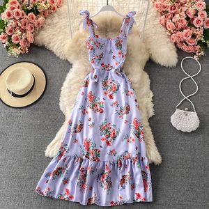 Casual Dresses Summer Girls 'Style Wood Ear Soe Up Bow Knot Fragmenterad Flower Mid Length Ruffle Edge Dress for Women
