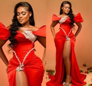 African Nigeria Prom Gowns Evening Dresses for Black Women Formal Evening Dresses One Shoulder High Split Sexy Red Rehinstones Beaded Birthday Dress