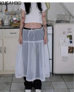 KUSAHIKI Korean Niche Drawstring Waist Lace Patchwork Skirt Spicy Girl Fashion Perspective Causal Aline Long Y2k Skirts Mujer 240516