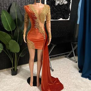 Orange Cocktail Dresses for Women Graduation Dresses Short Prom Dress Appliqued Gold Beaded Lace Rhinestones Birthday Party Dress for African Black Girls C134