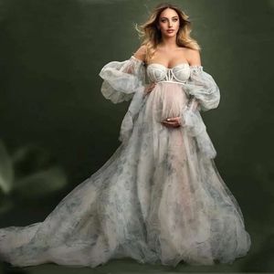 Floral Printing Maternity Dress Pregnant Gowns with Removable Sleeve for Photoshoot Pregnancy