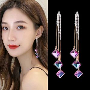 Dangle Chandelier Fashion Purple Crystal Long Tassel أقراط مناسبة للنساء اللامع مربع زركون قلادة Girl Girl Party Gifts D240516