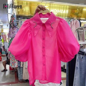 Kvinnor Bluses Korean Vintage Diamond Turn-Down Collar Chiffon Shirts Summer Women Puff Sleeve Single-Breasted Black White Sweet Tops