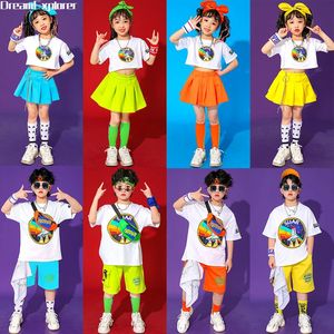 Barn hiphop sommarkläder sätter flickor skiva topp söta kjolar pojkar tshirt gata dansa solida last shorts barn jazz kostymer 240515